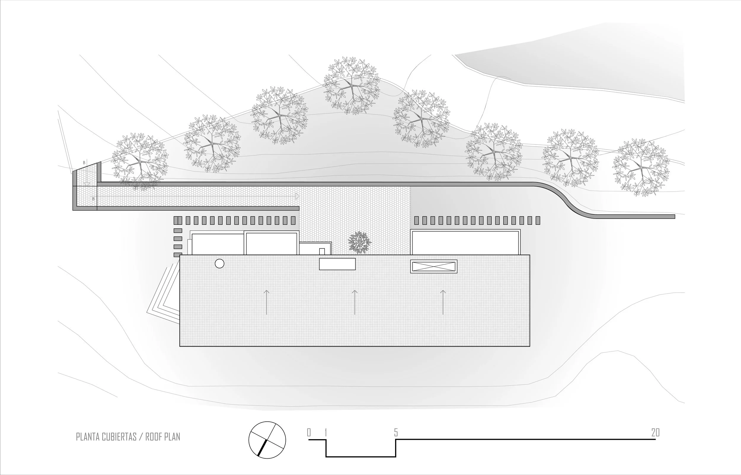 Plano arquitectónico de la cubierta o techo de un edificio, con árboles y detalles de diseño y estructura.