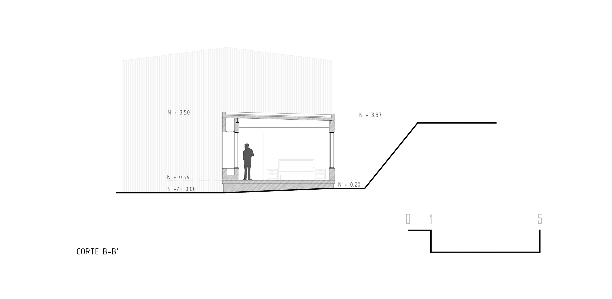 Corte transversal de una estructura arquitectónica con un hombre de pie dentro, mostrando diferentes niveles de elevación y detalles estructurales.
