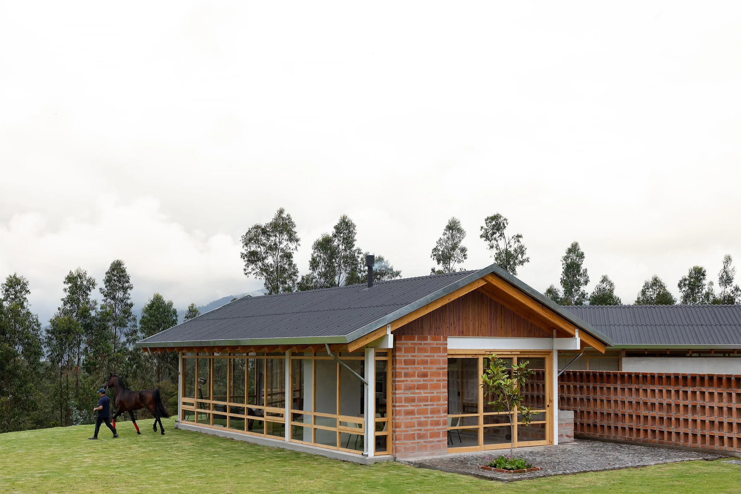 Casa en construcción con estructura de madera y paredes de ladrillo, rodeada de césped verde, con árboles y una cerca de madera en el fondo, cielo nublado.