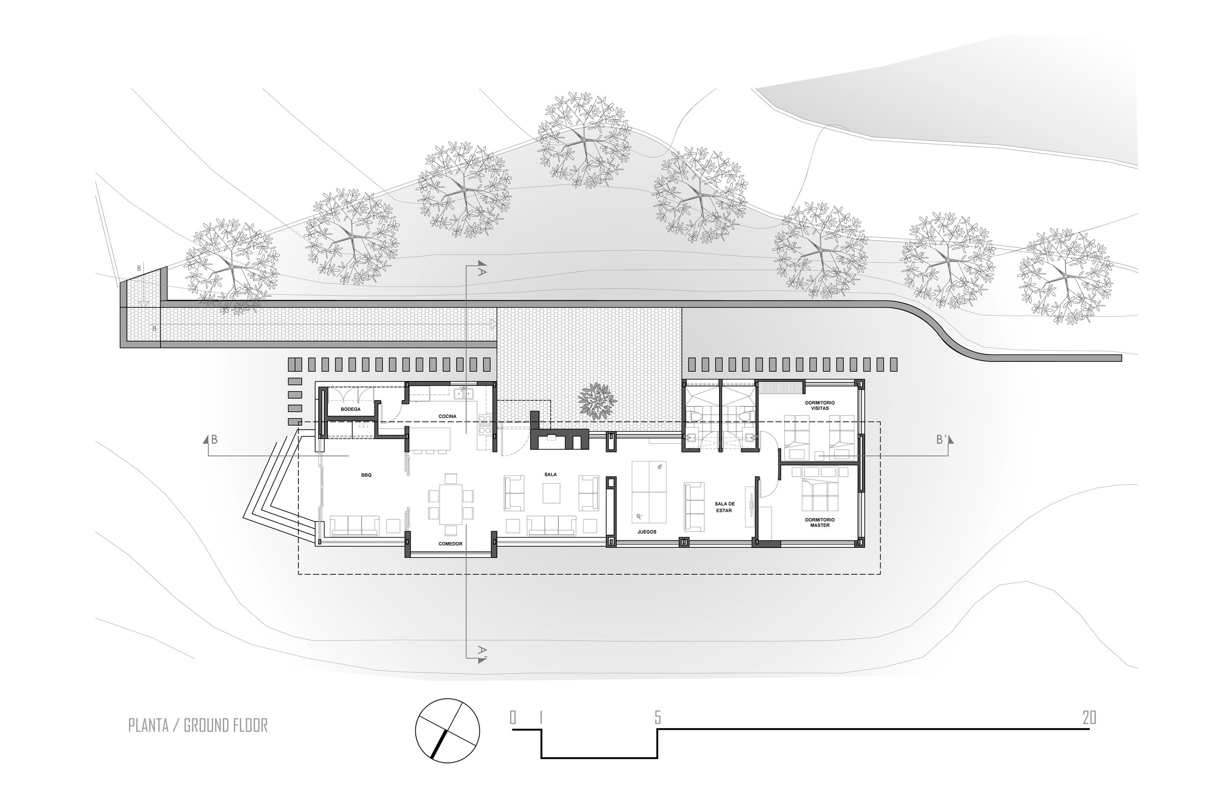 Plano arquitectónico de la planta baja de una vivienda, con árboles y áreas exteriores.