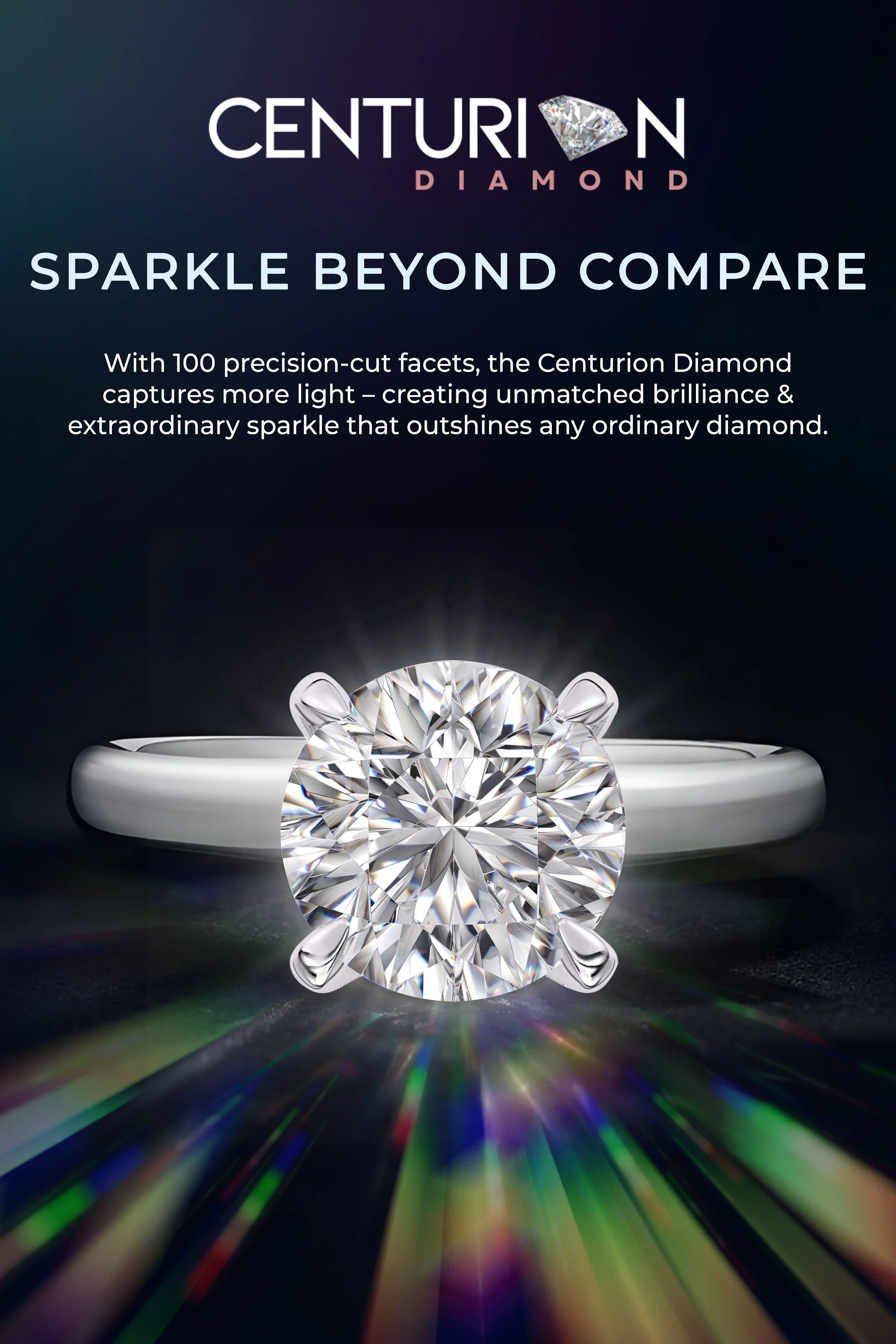 14 kt white gold ring with a large 2 kt lab grown, round-cut diamond at the center. The diamond's facets reflect light and create a rainbow spectrum on the surface below. diamond is cut into 100 special facets which reflect more light.