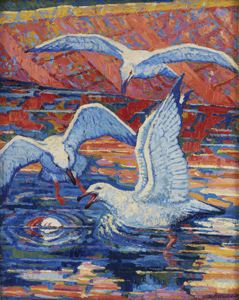 Three white swans on water with reflection, set against a colorful sunset or sunrise background.