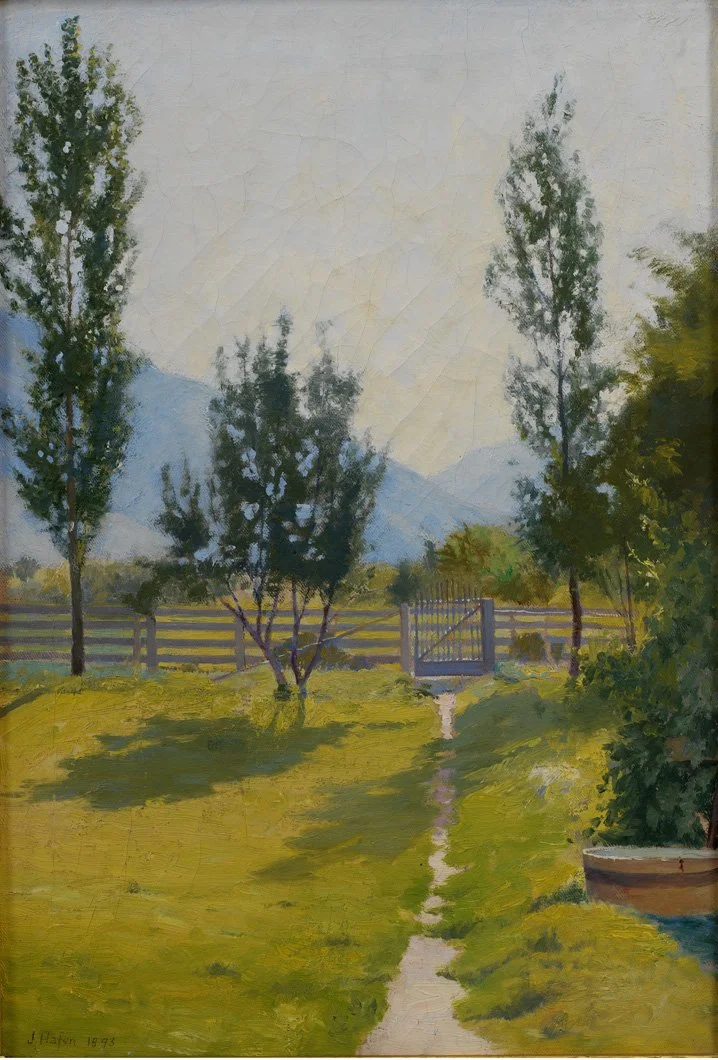 Oil painting of a countryside scene with a dirt path leading to a gate, surrounded by green grass and trees, with mountains in the background and a blue sky.