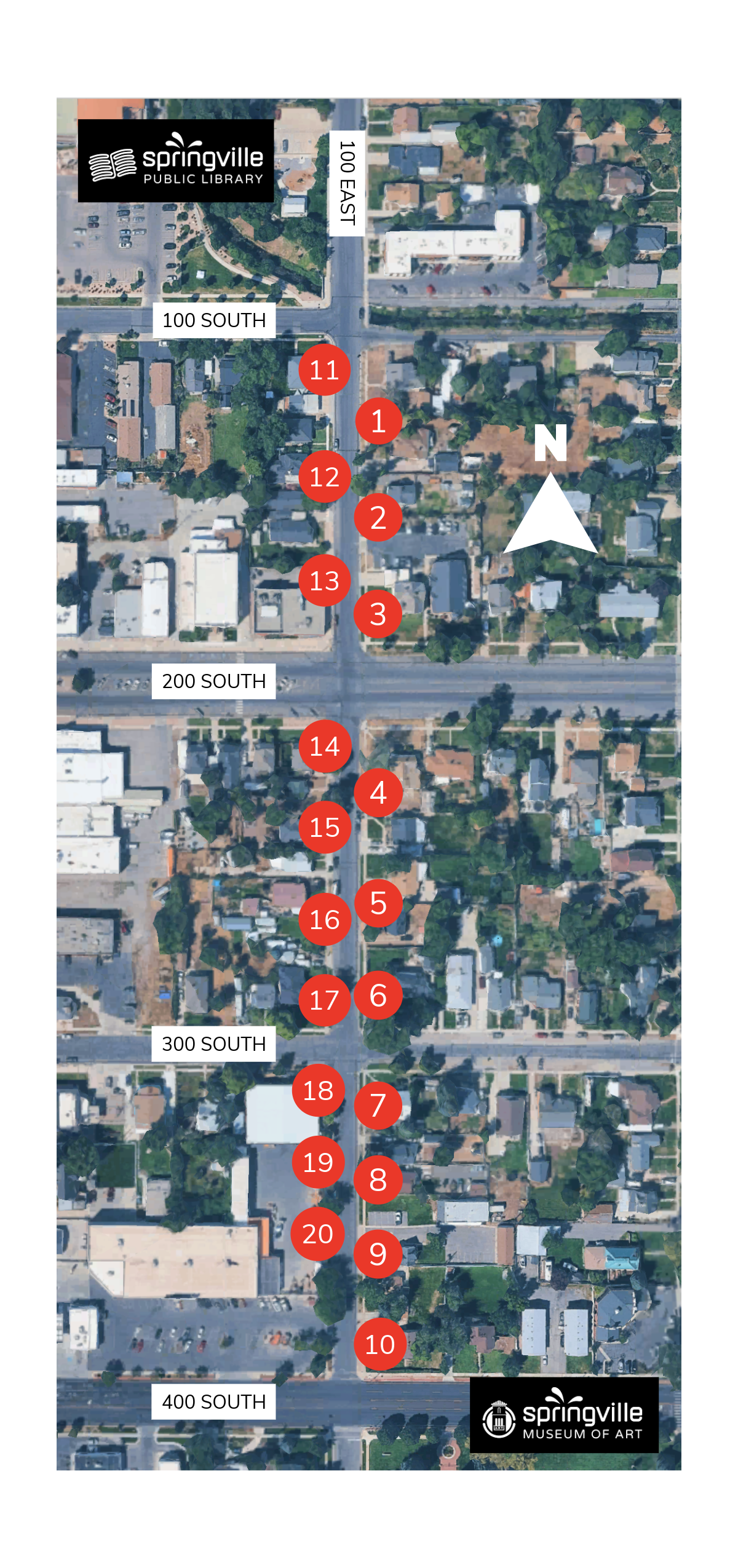 Map showing the 20 sidewalk poem locations along the Literary Walk on 100 East between the Springville Public Library and the Springville Museum of Art.