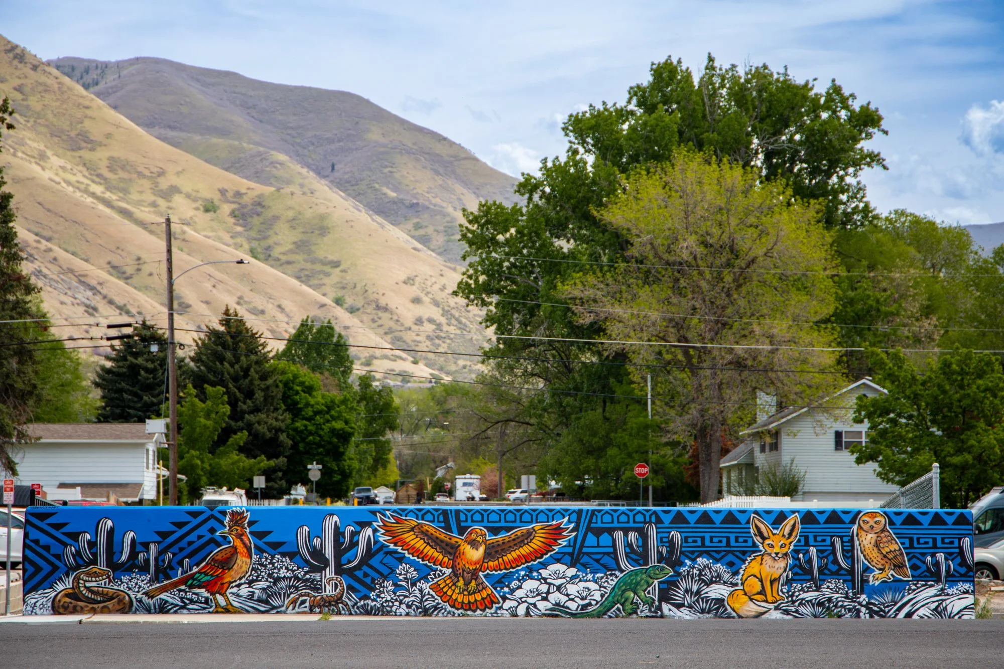 Colorful mural depicting various animals such as foxes, eagles, and lizards, with vibrant patterns and designs, against a backdrop of trees, houses, and mountains.
