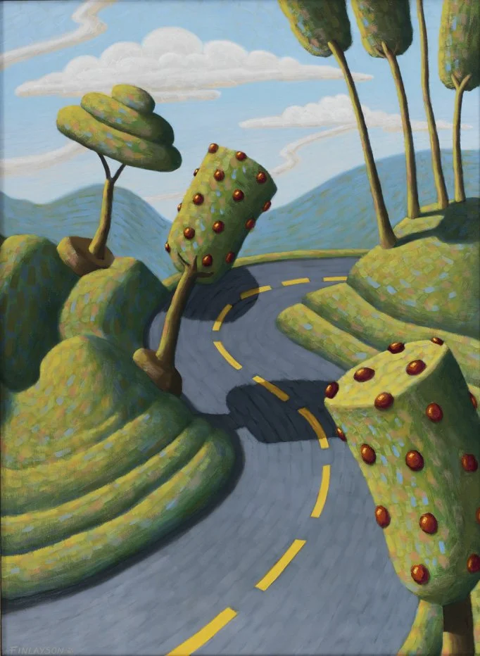 A surreal landscape with a winding road surrounded by stylized trees and bushes, painted in vibrant colors and whimsical shapes.