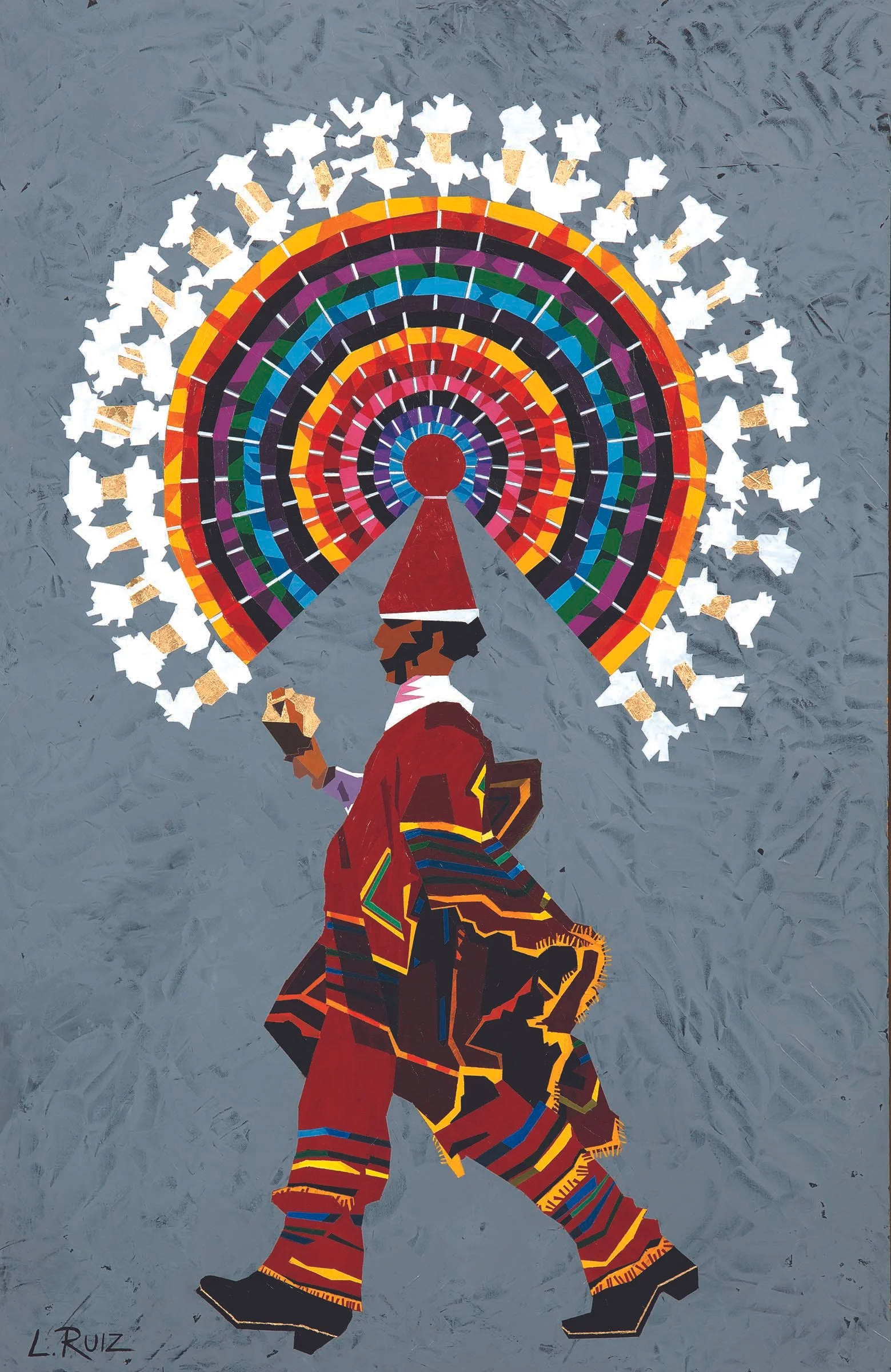 A colorful abstract painting of a person holding a mirror, with a rainbow-colored circular pattern reflecting multiple concentric rings of various colors above. The background is textured gray, and the person's silhouette is depicted in stylized brig