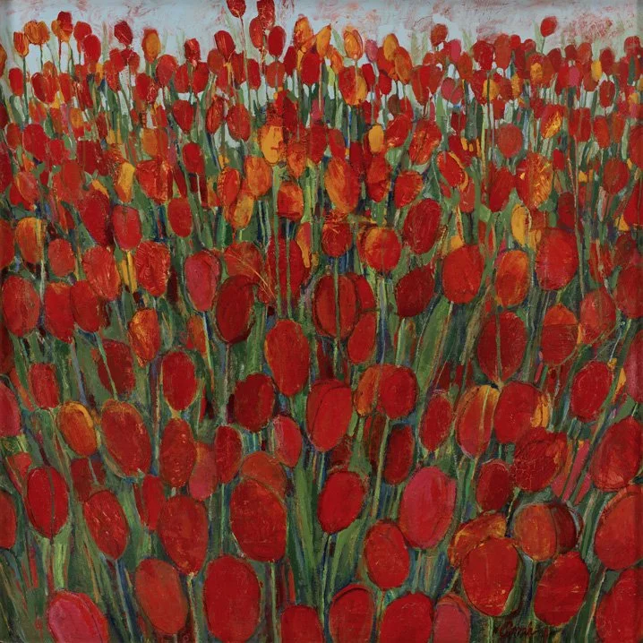 A painting of a field of red and orange tulips with green stems, densely packed and extending to the horizon.