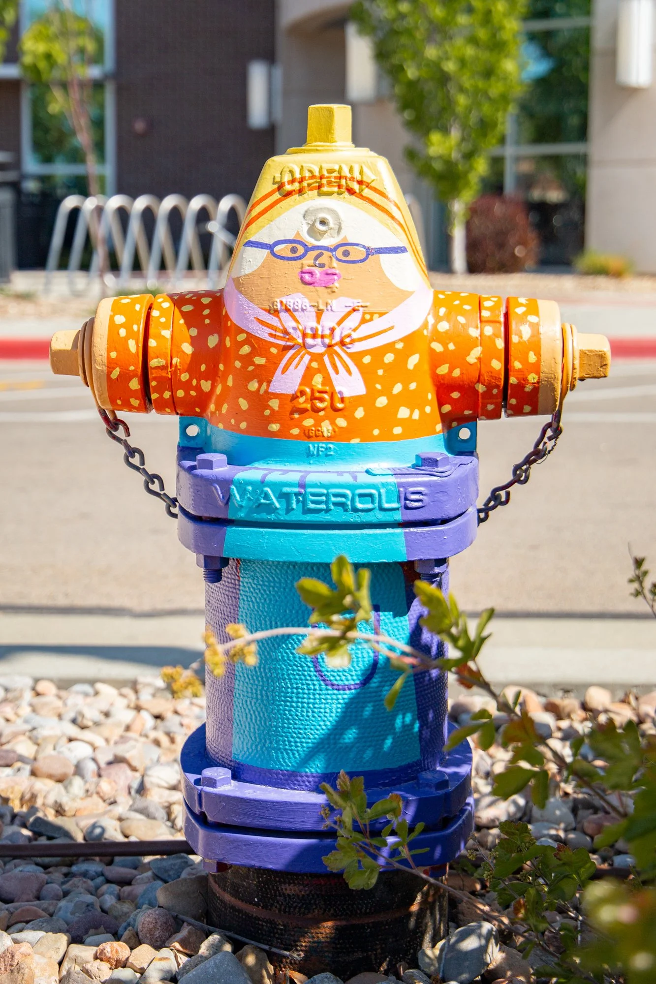 Colorful painted fire hydrant with a face, glasses, lips, and hair, standing on a rocky ground with a background of trees and modern buildings.