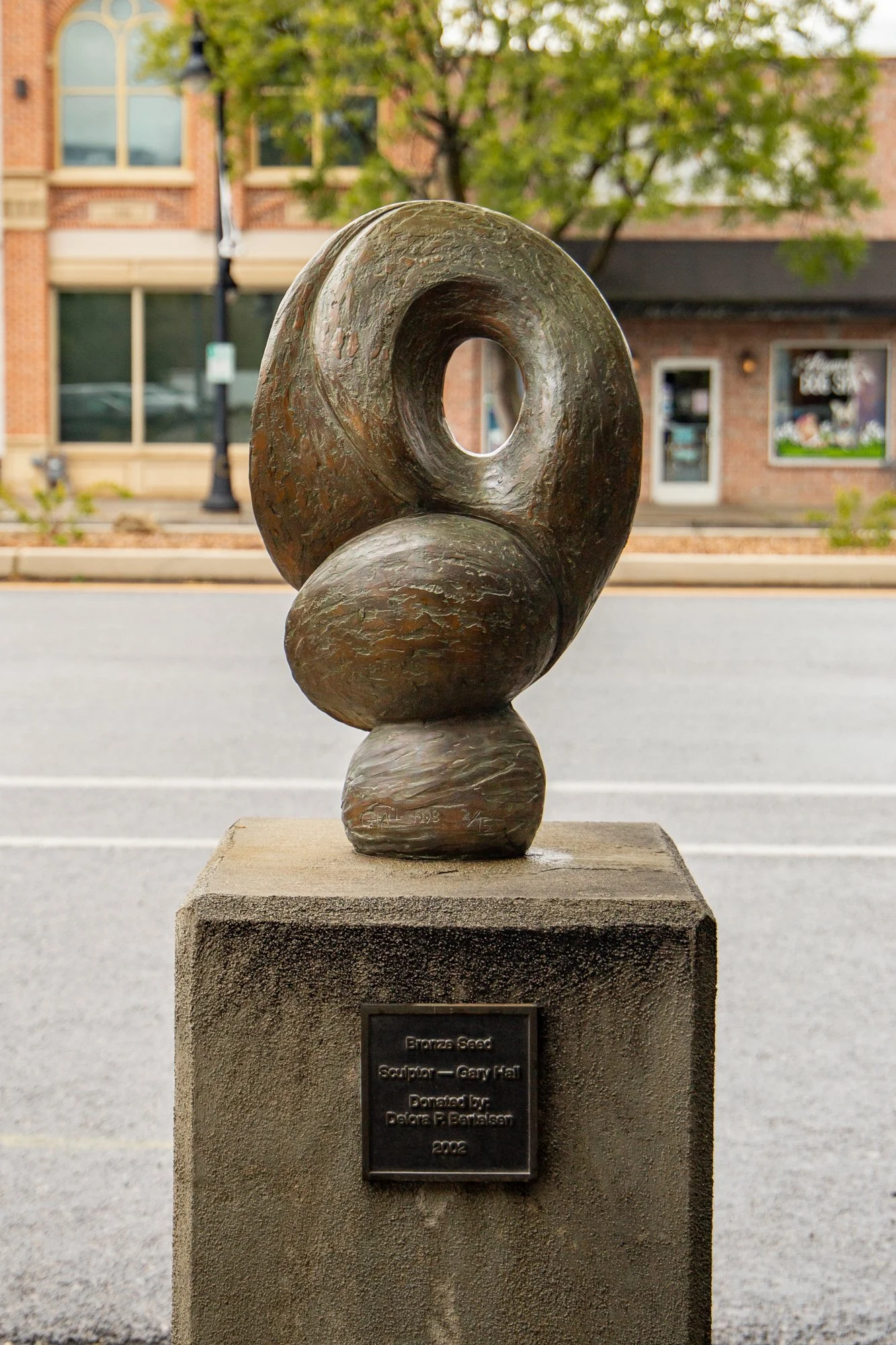 A bronze sculpture resembling a seed or pod, mounted on a stone pedestal with a plaque that reads: 'Bronze Seed, Sculpture — Gary Hall, Donated by Deborah F. Bensam, 2002', set outdoors in a town or city street, with brick and glass buildings, trees, and a parking lot in the background.