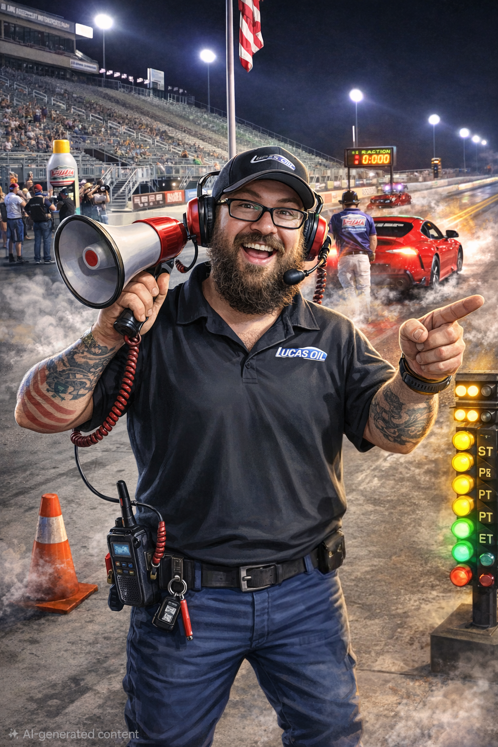 A cartoon image of Pjester (owner) holding a megaphone smiles and points at the camera during a nighttime drag racing event, with cars burning rubber and smoke on the track, a crowded grandstand, and racing signals nearby.