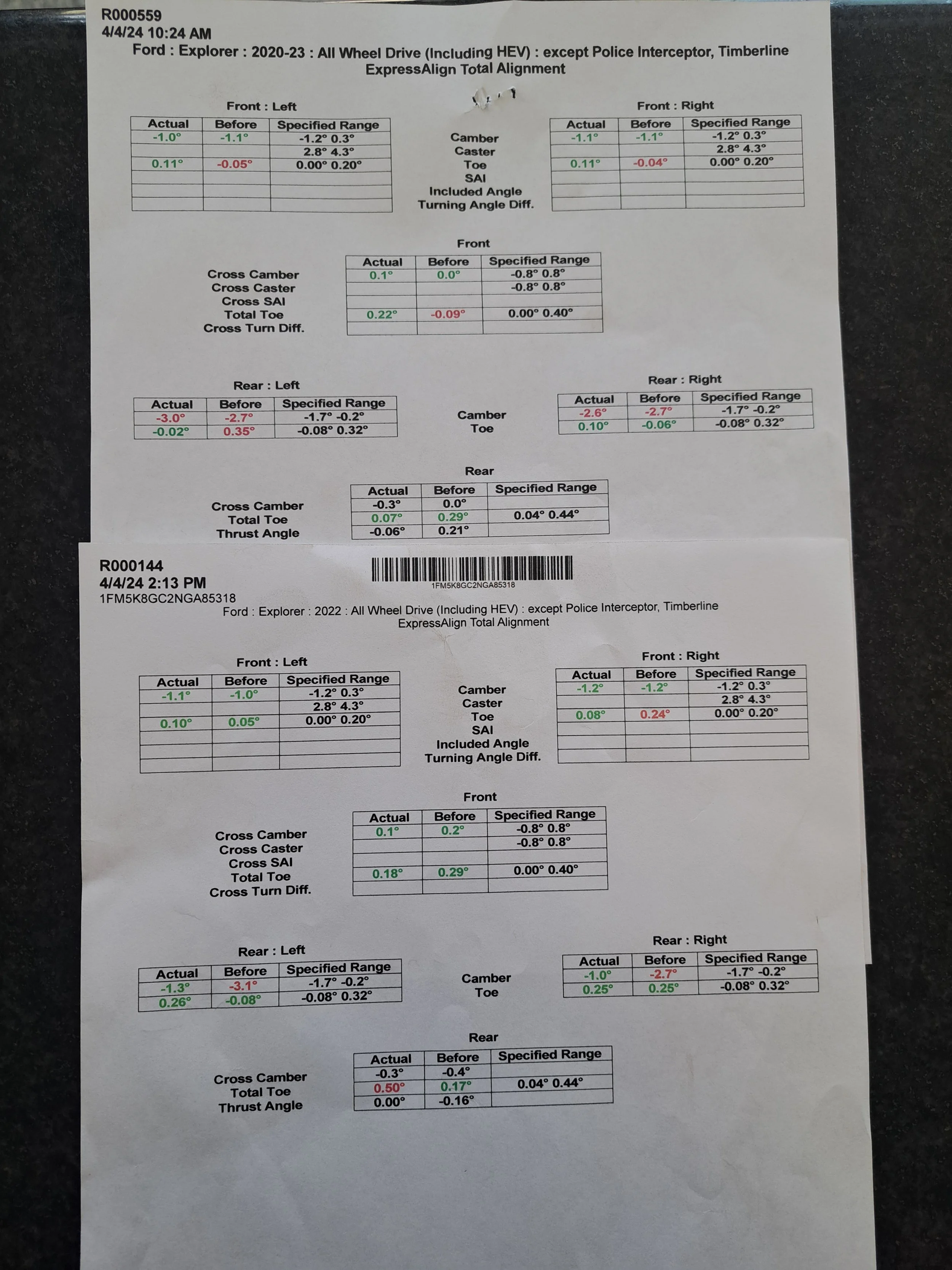 An alignment spec print out from a Ford Explorer showing proper rear camber adjustment