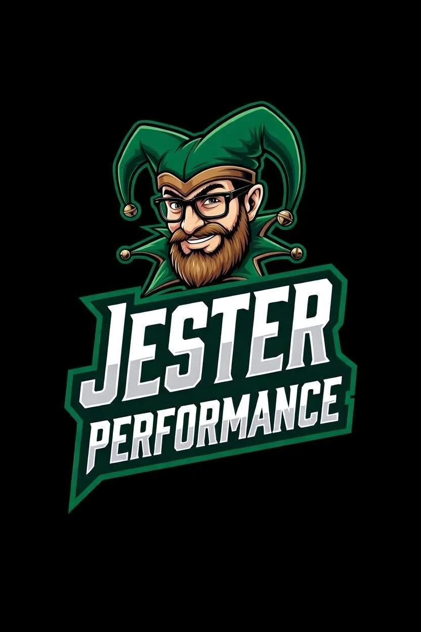 Logo for Jester Performance featuring a cartoon man with a beard, glasses, and a green jester hat.