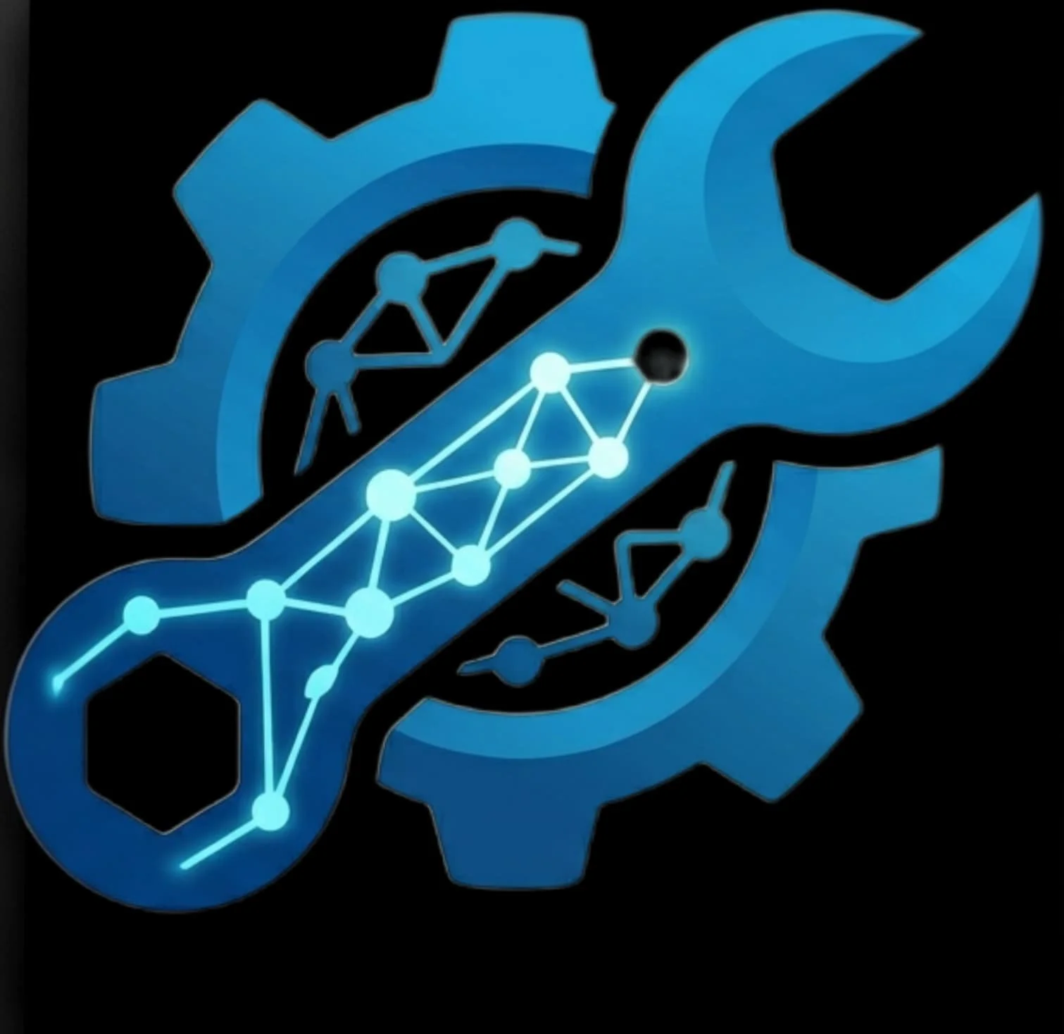A blue gear and wrench with interconnected nodes and lines, representing technology or engineering, on a black background.