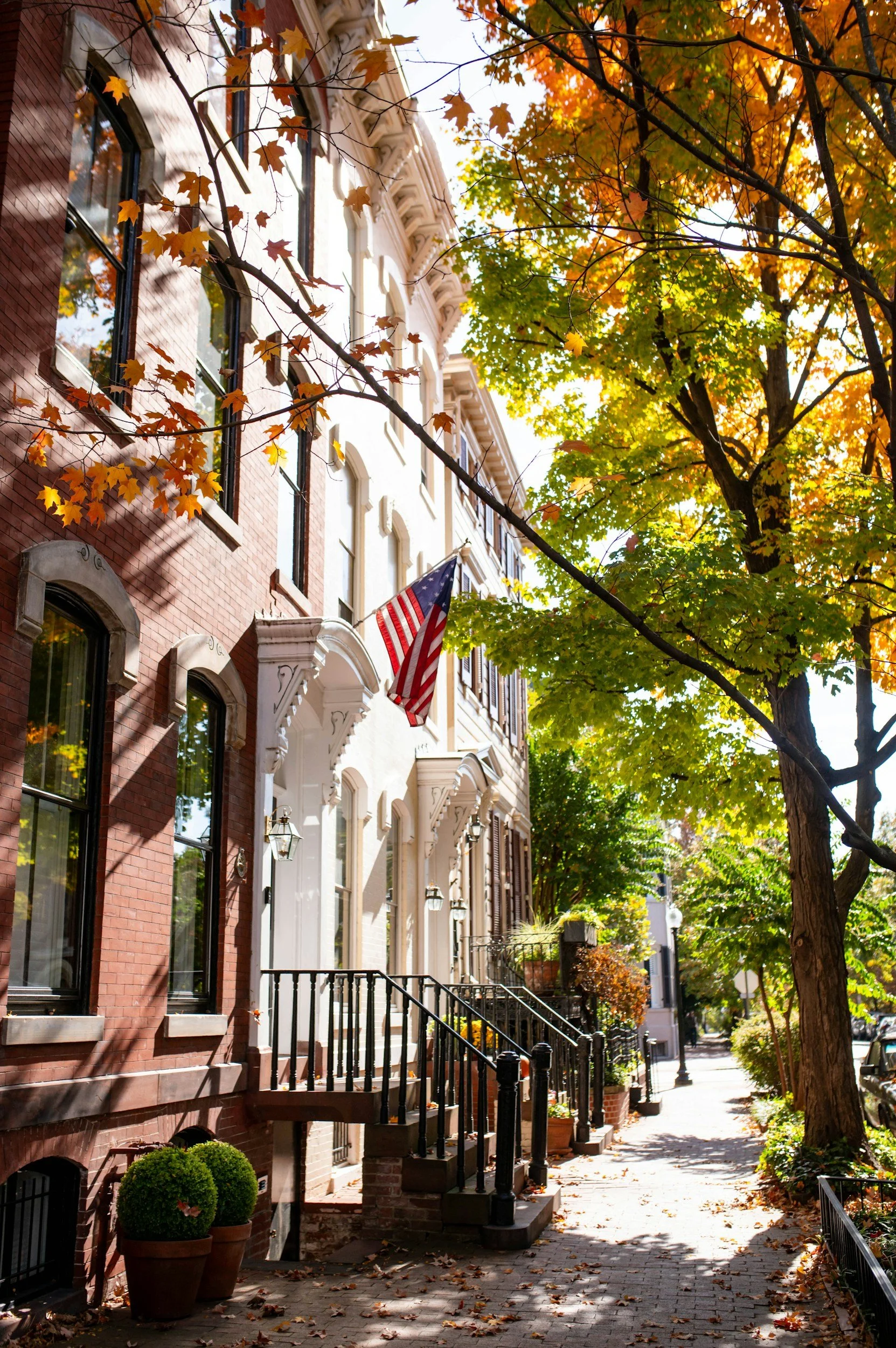 A tree-lined sidewalk with brownstone buildings and American flags, in the fall season with colorful leaves.
