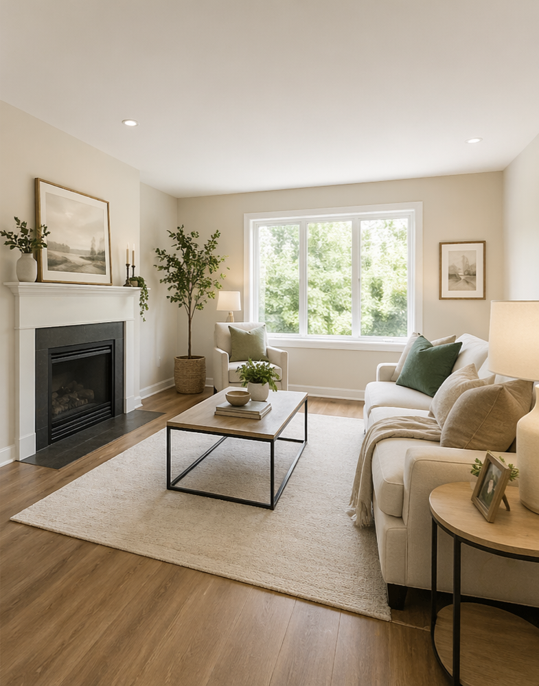 Bright living room with white sofa and armchair, coffee table, fireplace, large window with trees outside, and minimal decor.