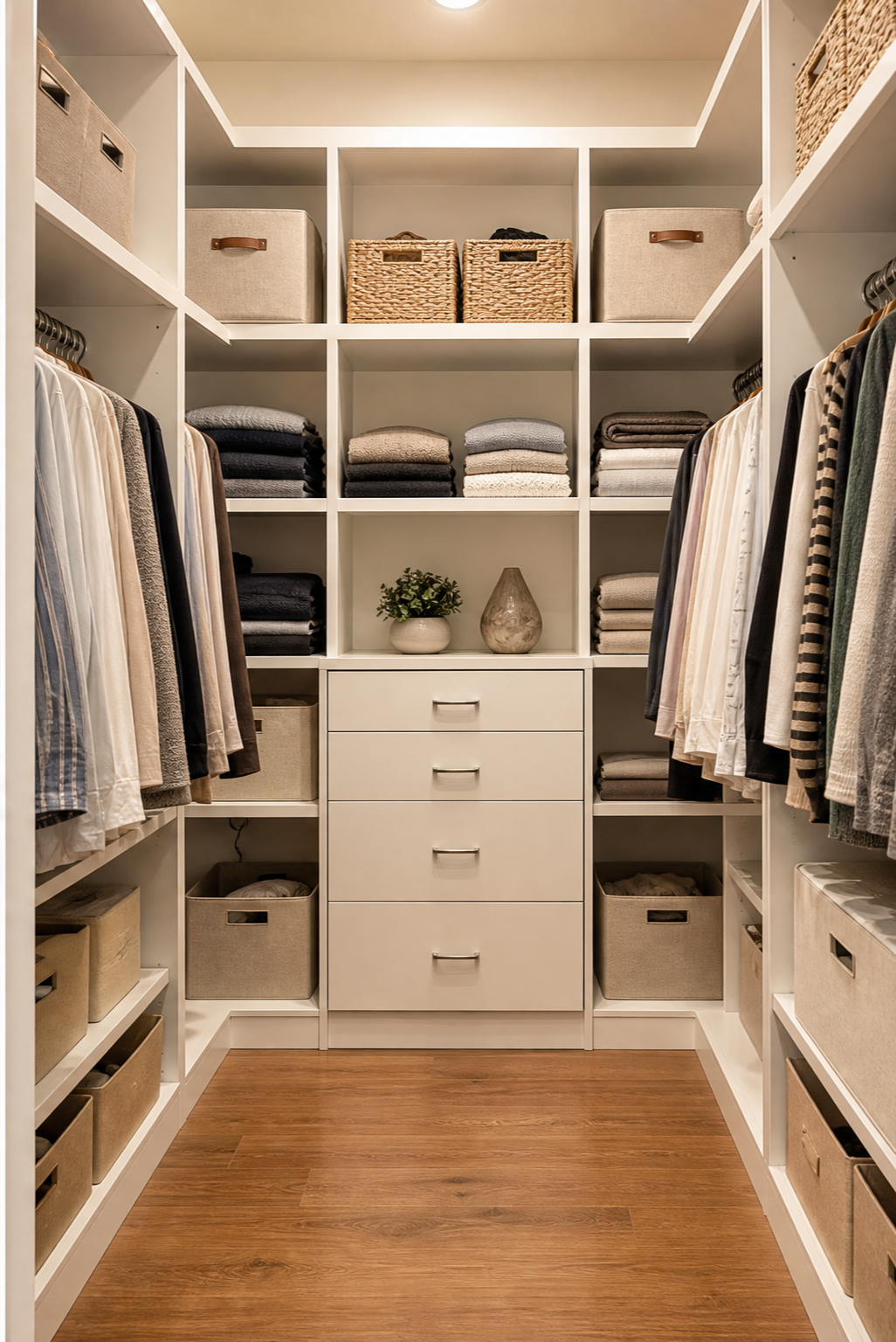Organized walk-in closet with shelves of folded clothes, storage bins, and hanging garments.