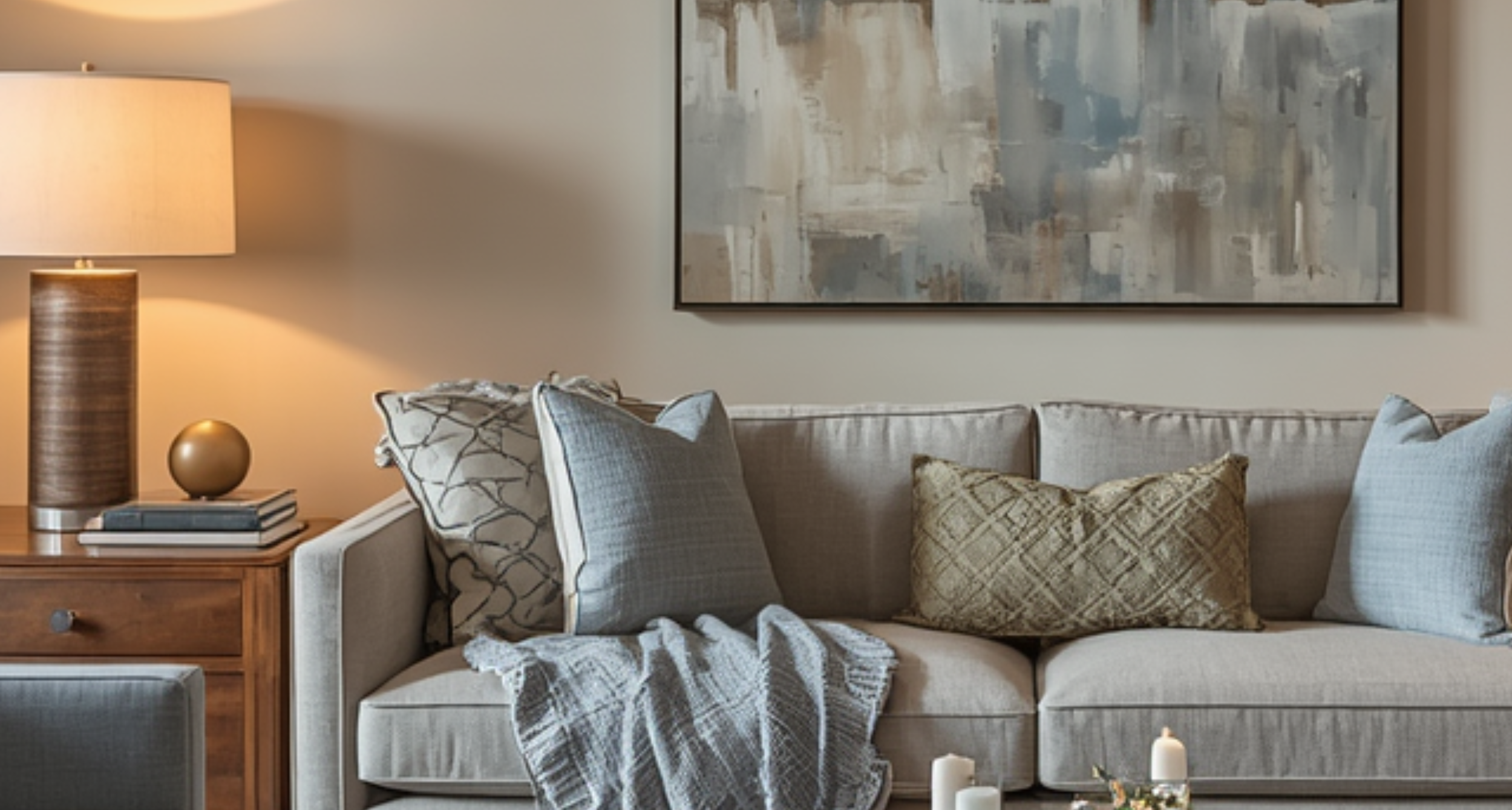 Living room with a beige sofa adorned with various decorative pillows, a wooden side table with a lamp, decorative items, and a stack of books. A large abstract painting is on the wall behind the sofa, and candles are on a coffee table in front.