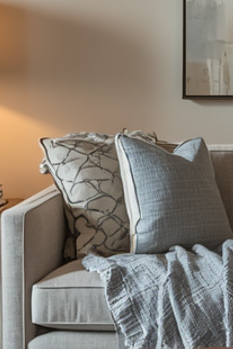 A beige sofa with patterned and checked throw pillows and a blanket draped over the seat, against a wall with a piece of artwork