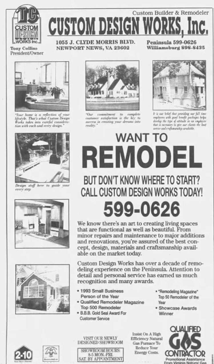 A black and white advertisement for Custom Design Works Inc., a custom builder and remodeler located in Newport News, Virginia. The ad features images of various home renovation projects, including a kitchen, outdoor patio, living room, and exterior house, along with contact information, company achievements, and a call to action to call for remodeling services.