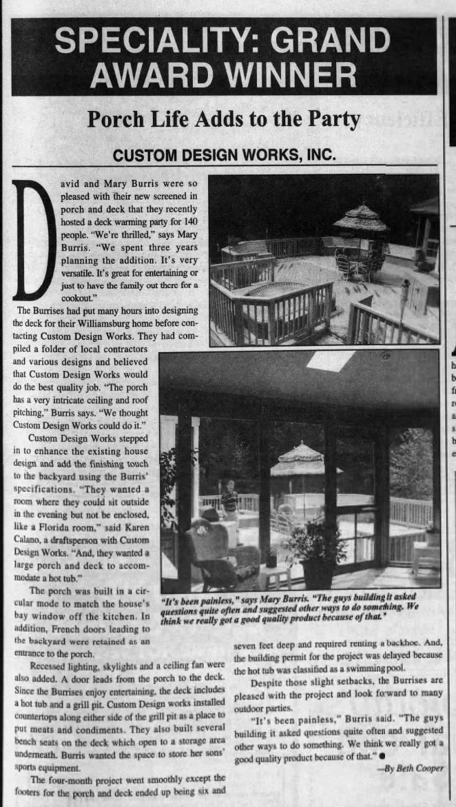 Newspaper article titled "Specialty: Grand Award Winner" about Porch Life, a porch and deck design project by Custom Design Works, Inc. The article includes photos of the porch and deck, and quotes from Mary Burris and Karen Calano.