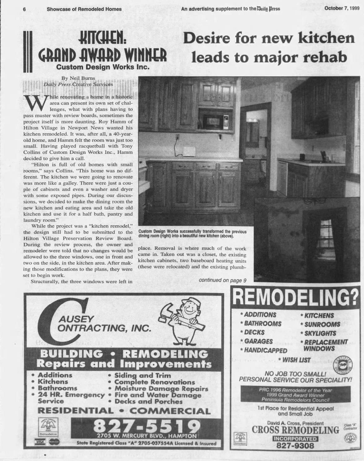 Black and white newspaper article featuring a kitchen remodeling project. The headline states 'Kitchen: Grand Award Winner' and 'Desire for new kitchen leads to major rehab.' There is a photograph of a renovated kitchen with cabinets, countertops, microwave, and some wall space. An advertisement for Cousey Contracting, Inc. at the bottom offers building, remodeling, and repair services for residential and commercial projects.