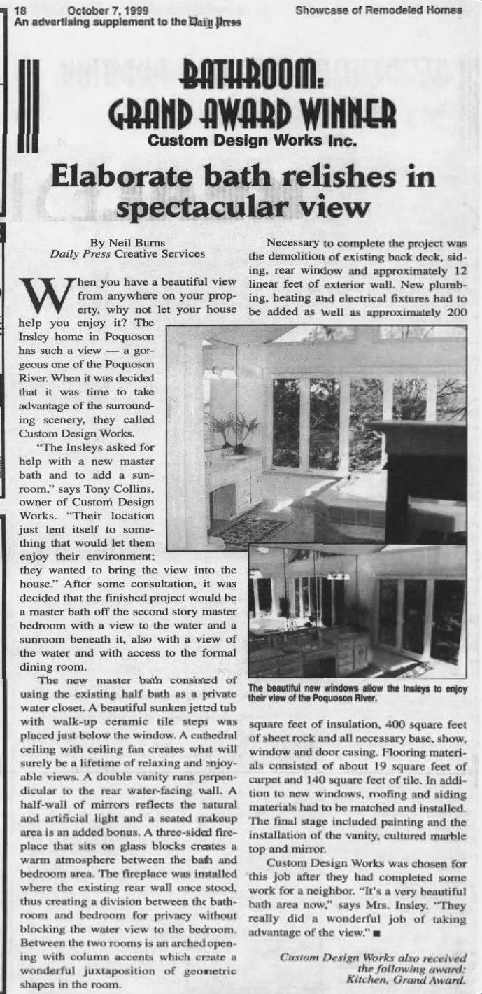 A black-and-white newspaper article from October 7, 1999, showcasing a remodeled bathroom with custom design features, including new windows overlooking the Poquoson River, and interior details like a cathedral ceiling with ceiling fan and a double vanity.