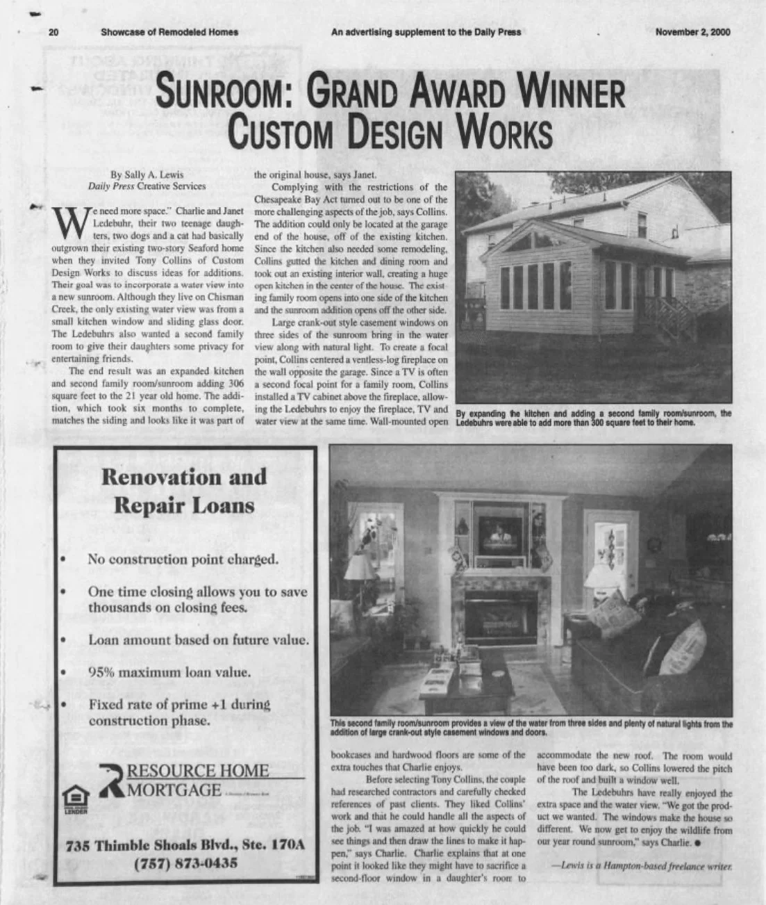 Newspaper article about Sunroom with images of a house's interior and exterior, showing remodels including a sunroom and family room. Text discusses remodeling details and features.
