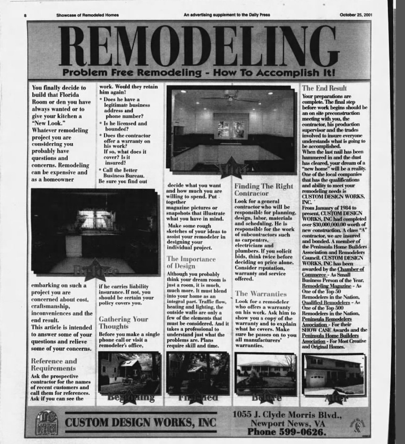 A black and white newspaper page about remodeling homes, featuring multiple articles and images of kitchen and house before-and-after photos.