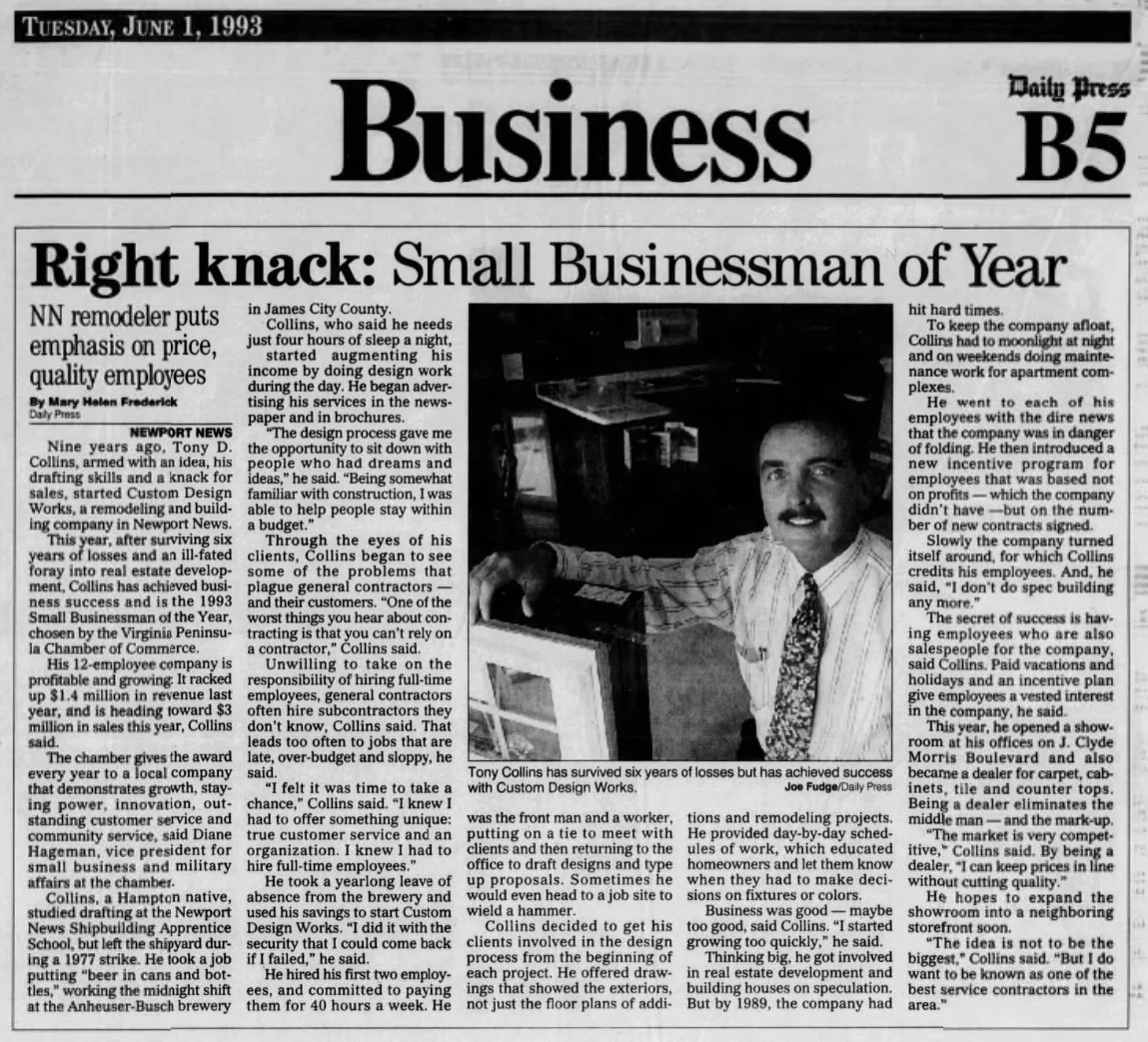 A black and white newspaper clipping dated Tuesday, June 1, 1998, from the Daily Press, featuring a business section with an article titled 'Right knack: Small Businessman of the Year.' The article discusses Tony D. Collins, a remodeler from Newport News, emphasizing his small business achievements, challenges, and success stories. An accompanying black and white photo shows Collins, with a mustache and curly hair, smiling and holding a tool or device in his hand.