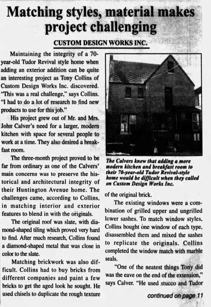 A black-and-white newspaper article titled 'Matching styles, material makes project challenging,' discussing a home renovation project preserving a 70-year-old Tudor Revival style home and adding a modern kitchen and breakfast room, with a photo of the home showing a three-story house with a steep roof, brick exterior, and multiple windows.