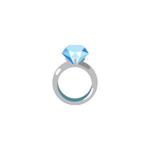 Illustration of an engagement ring with a large blue diamond on a black background.