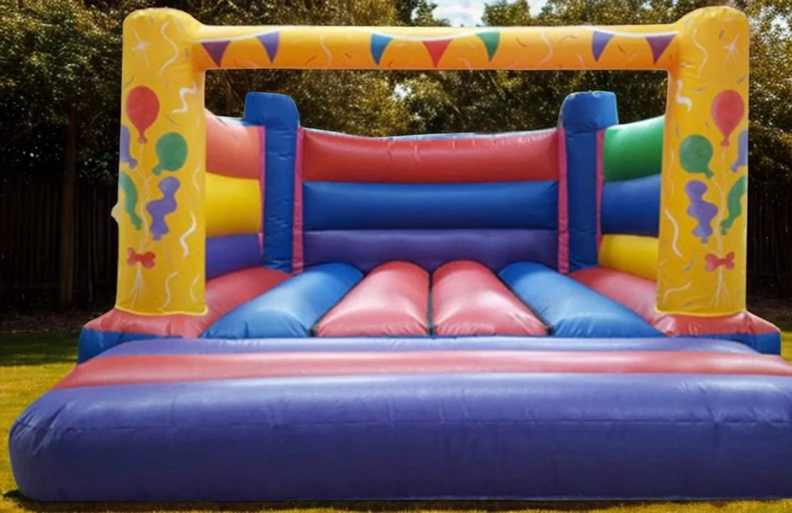 Here you go: The Celebration Castle (BC00A) Colourful celebration bouncy castle set up in a garden in Leicestershire, available to hire from Leicester Party Hire