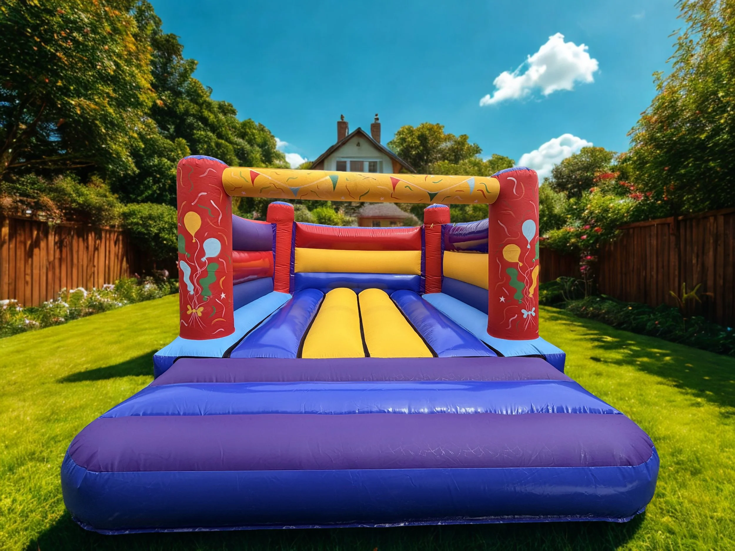 The Celebration Castle Colourful celebration bouncy castle set up in a garden in Leicestershire, available to hire from Leicester Party Hire