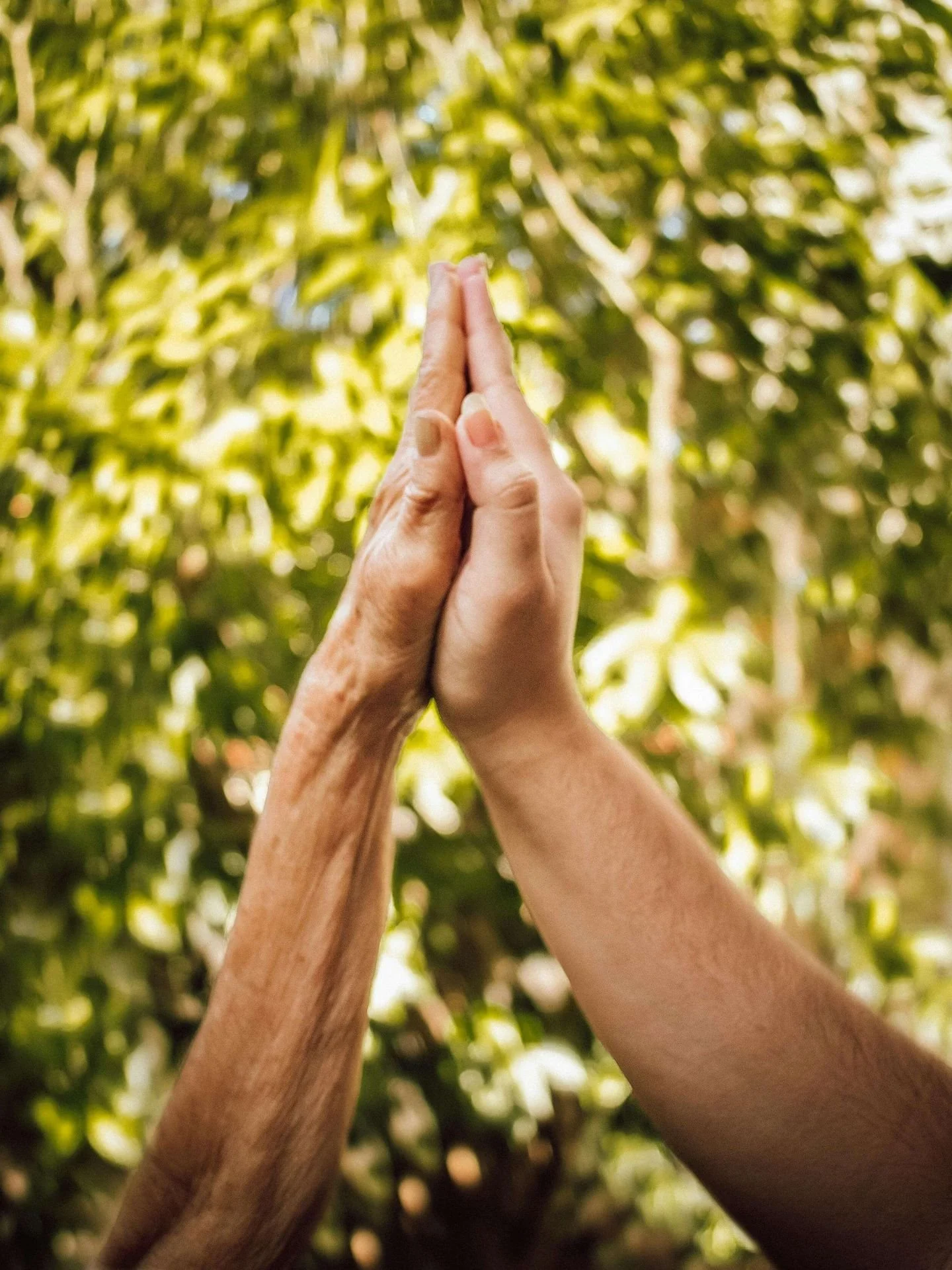 Hand of healthcare worker high fiving hand of elderly customer in Kansas City Missouri.