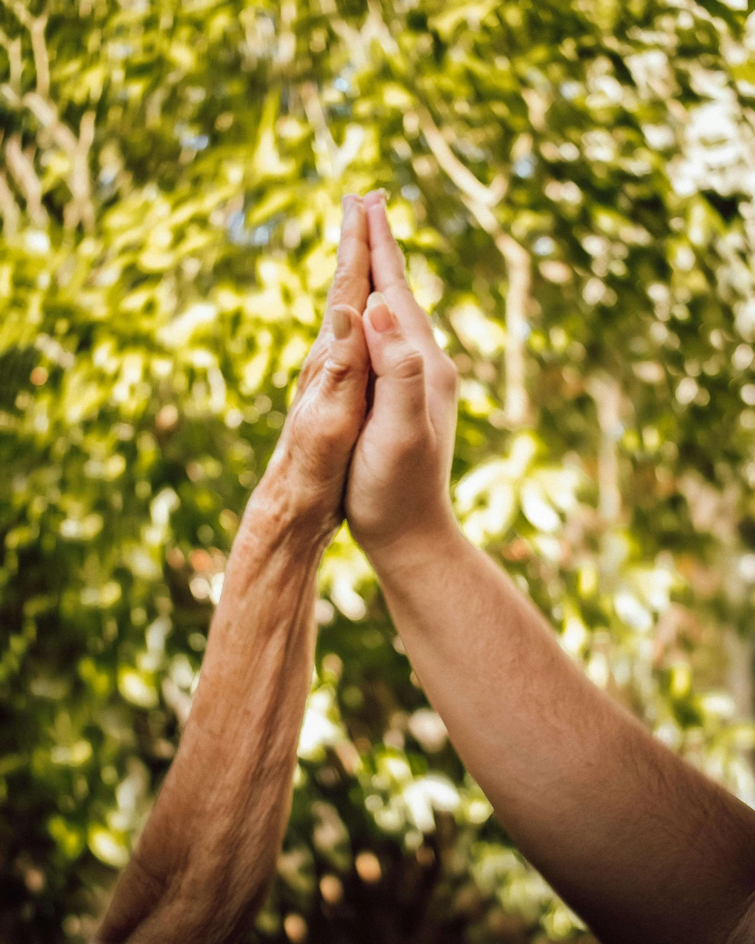 Hand of healthcare worker high fiving hand of elderly customer in Kansas City Missouri.