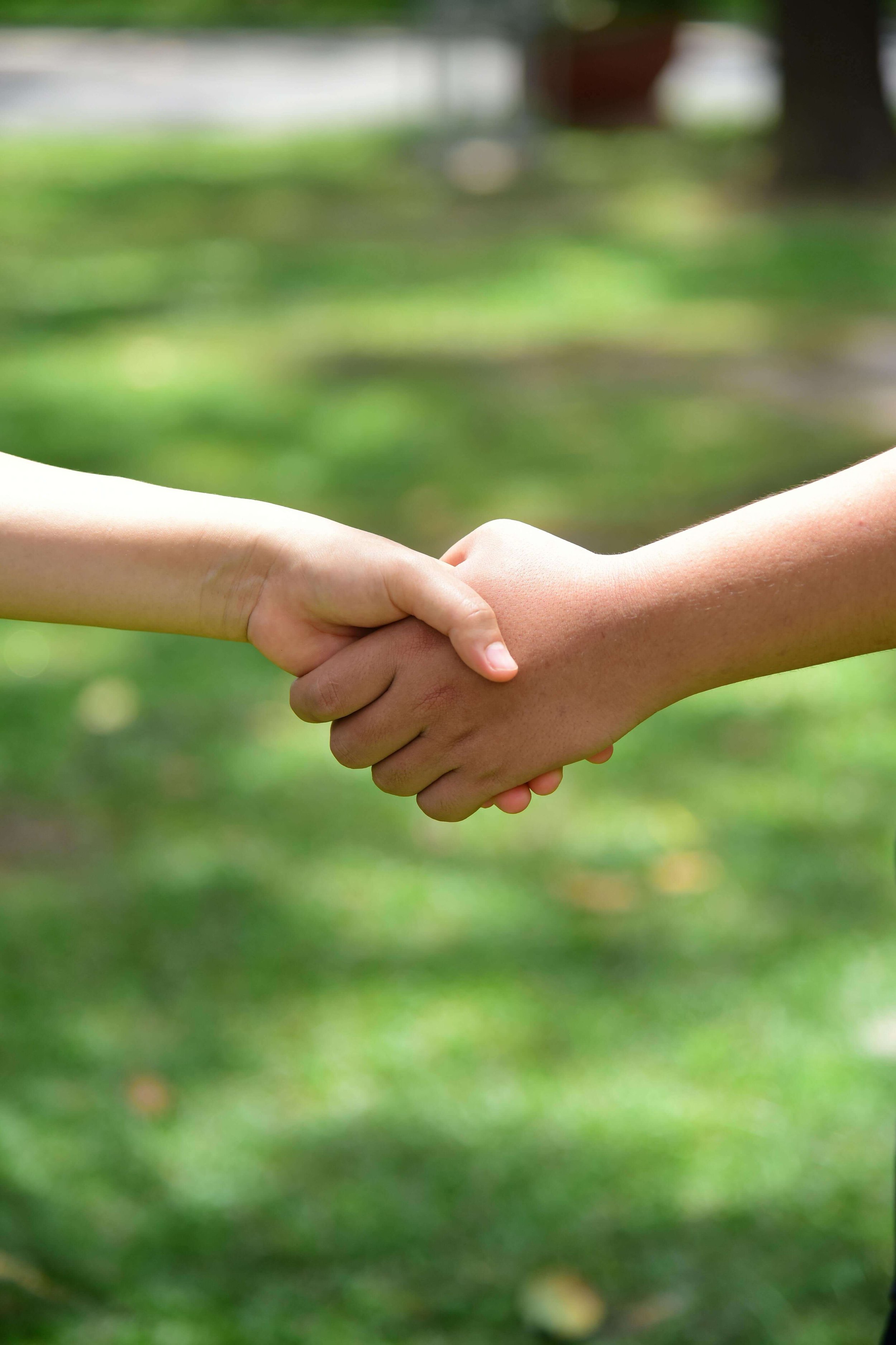 Two kids hands shaking hands outside in the grass in Missouri.