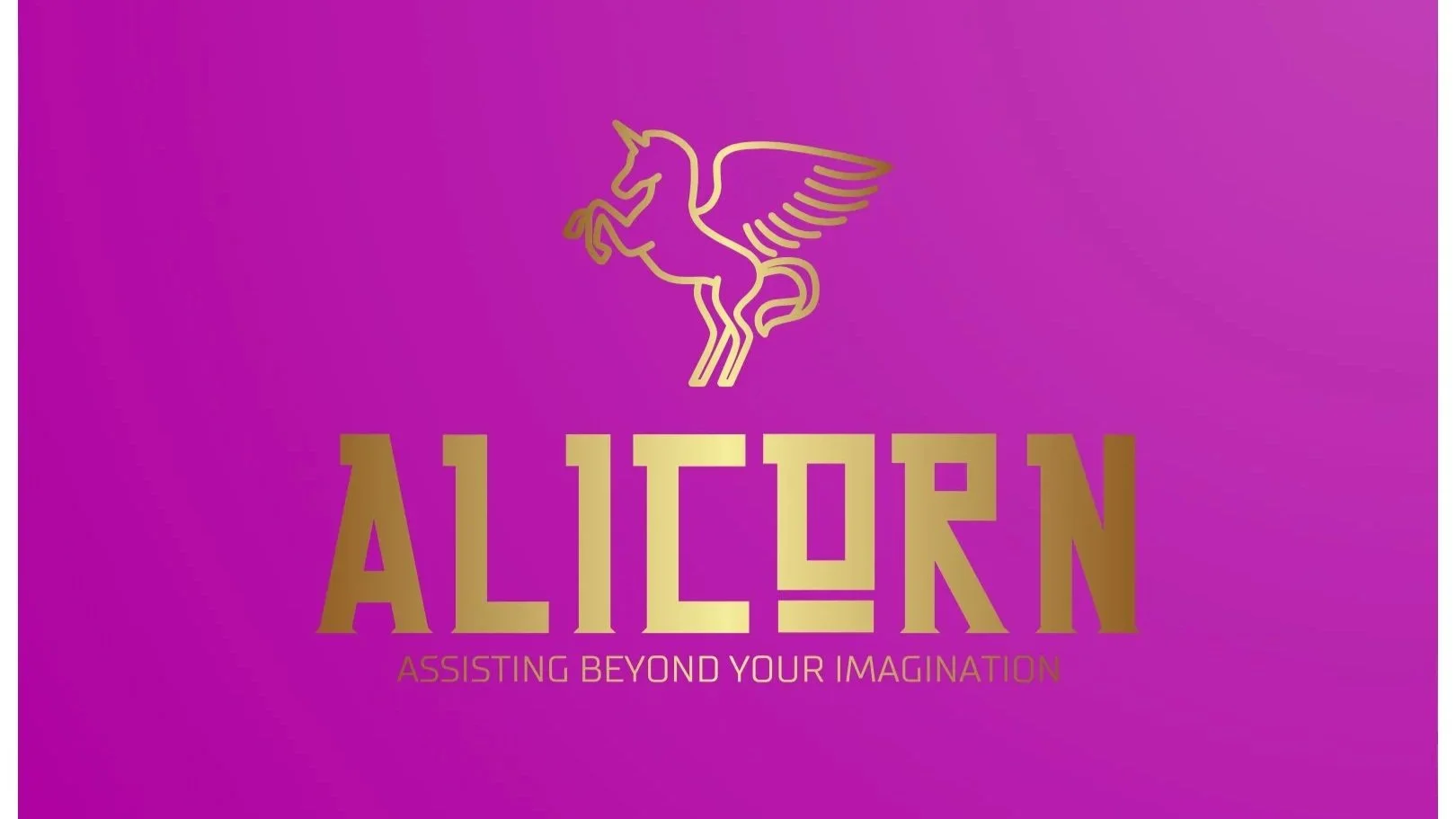 Purple background with gold outline of a winged horse and the word 'ALICON' in large gold letters beneath it, with the subtitle 'Assisting Beyond Your Imagination' in smaller gold text.