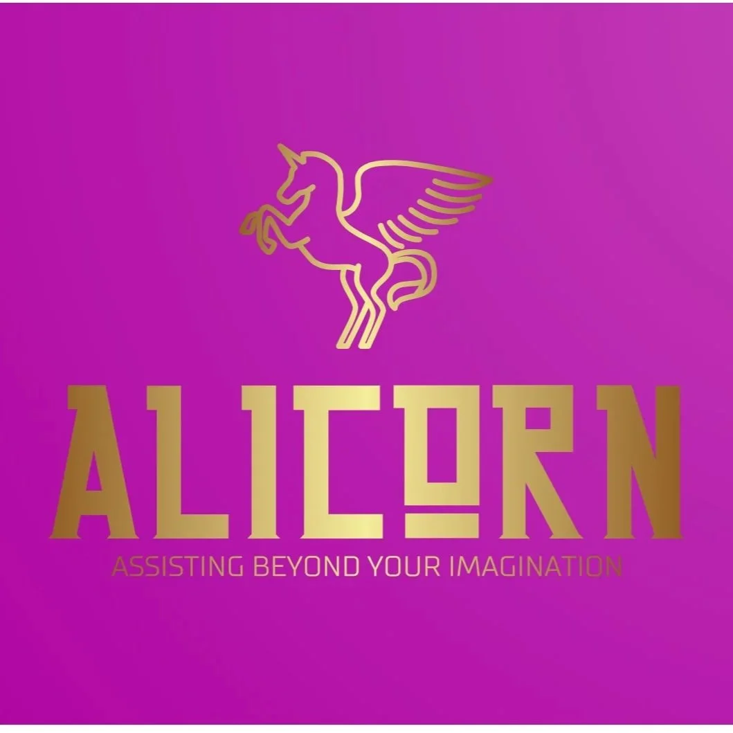 A logo with a gold outlined winged unicorn and the word 'ALICON' in gold, capital letters. Below it, the tagline 'ASSISTING BEYOND YOUR IMAGINATION' is written in smaller pink and gold text on a purple background.
