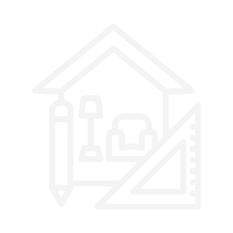 Line drawing of a house, pencil, paintbrush, and triangular ruler, representing architecture or home design.