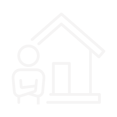 Line drawing of a person standing with crossed arms next to a house.