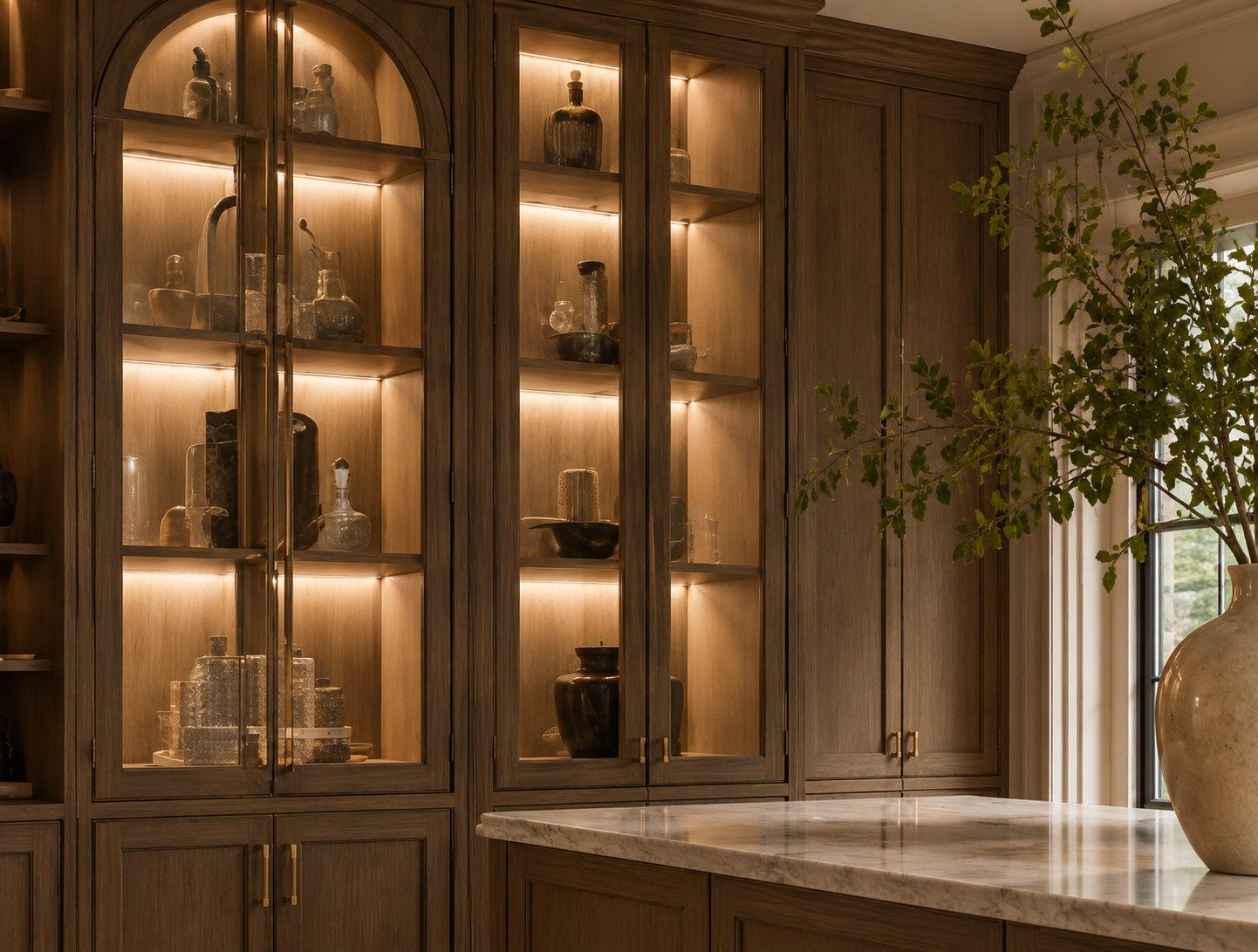 Wooden display cabinet with glass doors illuminated from inside, showcasing decorative vases and objects. A marble countertop and a large potted plant are visible nearby, with natural light coming from a window.