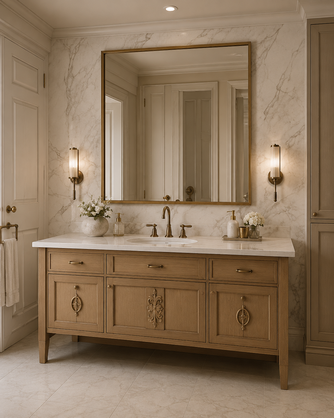 A bathroom with a large mirror, beige marble walls, a wooden vanity with a white marble countertop, gold fixtures, two wall sconces, and decor including flowers and soap bottles.