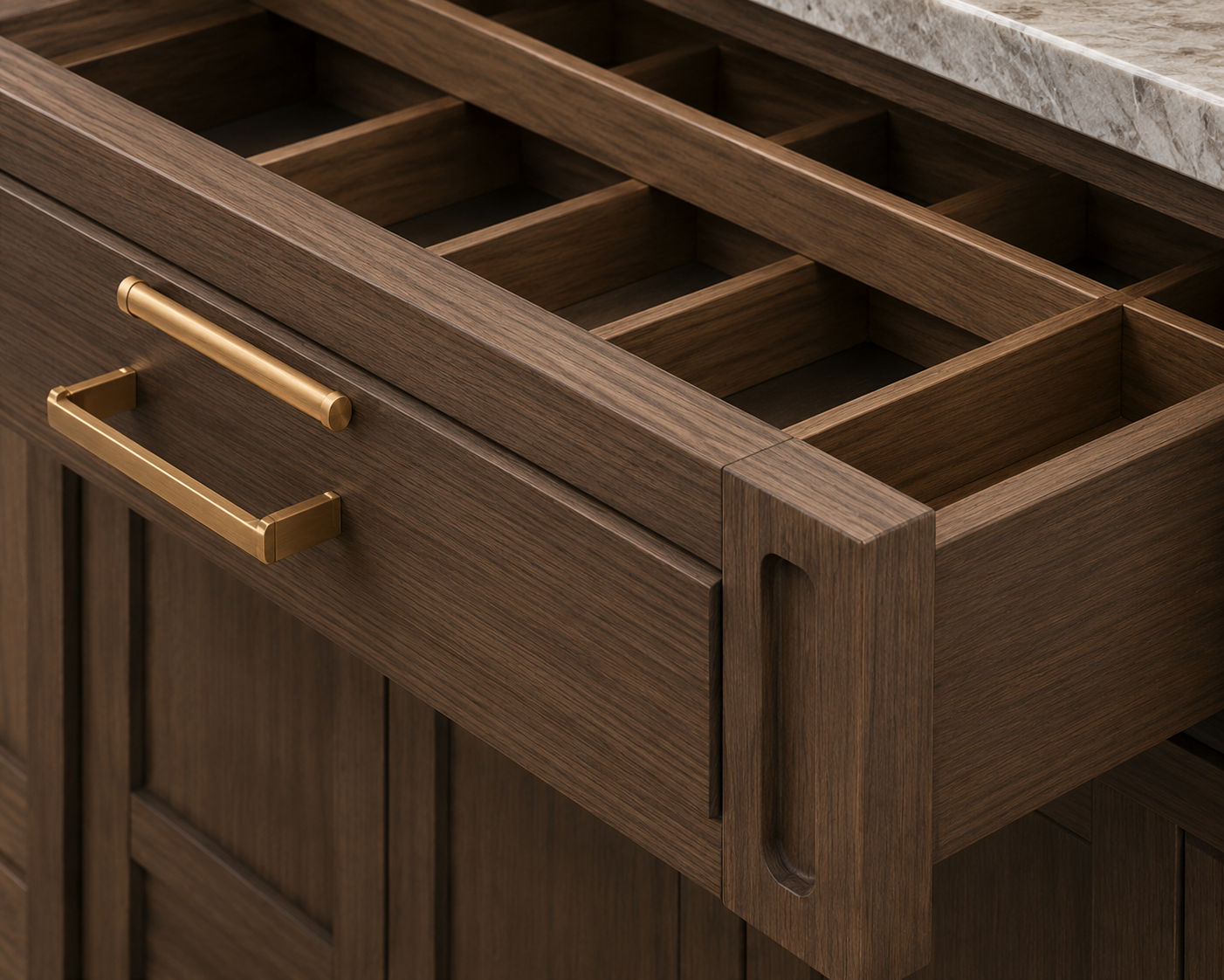 A close-up of a wooden kitchen cabinet with brass handles and an open top drawer showing separate compartments.