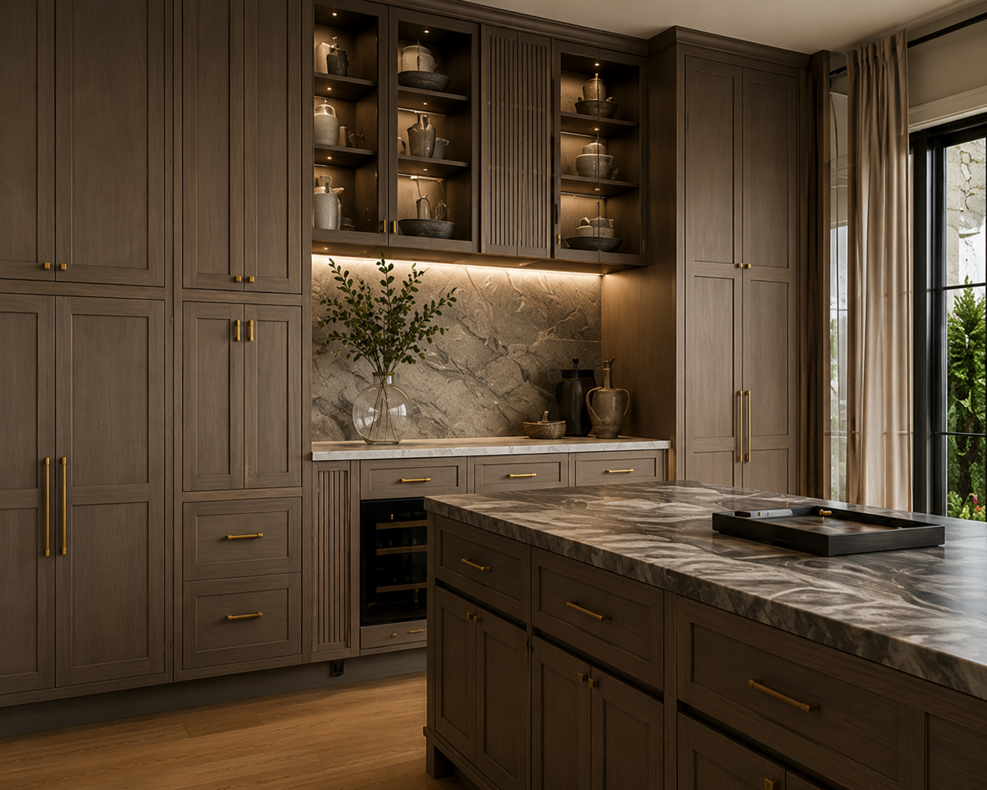 A kitchen with wooden cabinets, marble countertops, and a kitchen island. There are shelves with ceramic dishes and plants, a window with curtains, and a sliding glass door with greenery outside.