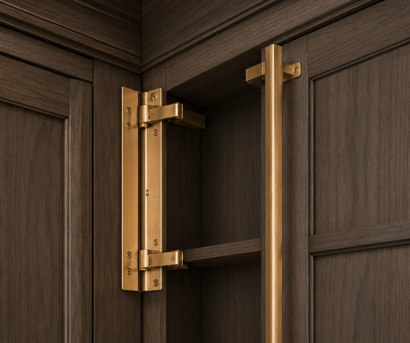 Close-up of a dark wooden cabinet with brass hinges and support rods.