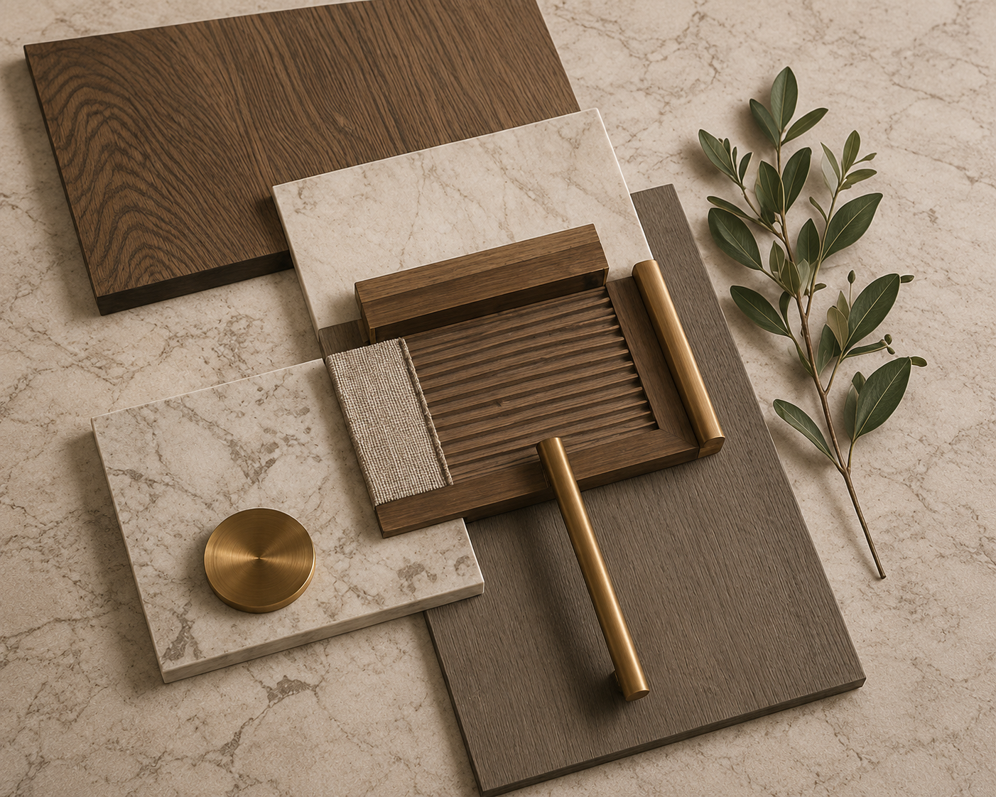 A collection of decorative material samples, including various wood, marble, and fabric textures, along with a metallic knob and a sprig of greenery, arranged on a marble surface.