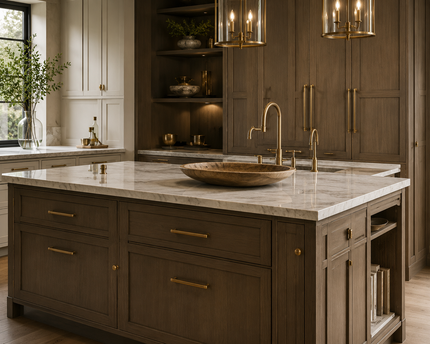 Modern kitchen with wooden cabinets, marble countertops, and a kitchen island with a wooden bowl sink and gold fixtures.