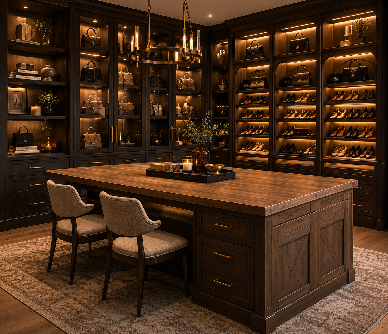 A luxurious walk-in closet with dark wood cabinetry, illuminated shelves displaying handbags, shoes, and decorative items, a large wooden island with drawers, two beige upholstered chairs, and warm lighting.