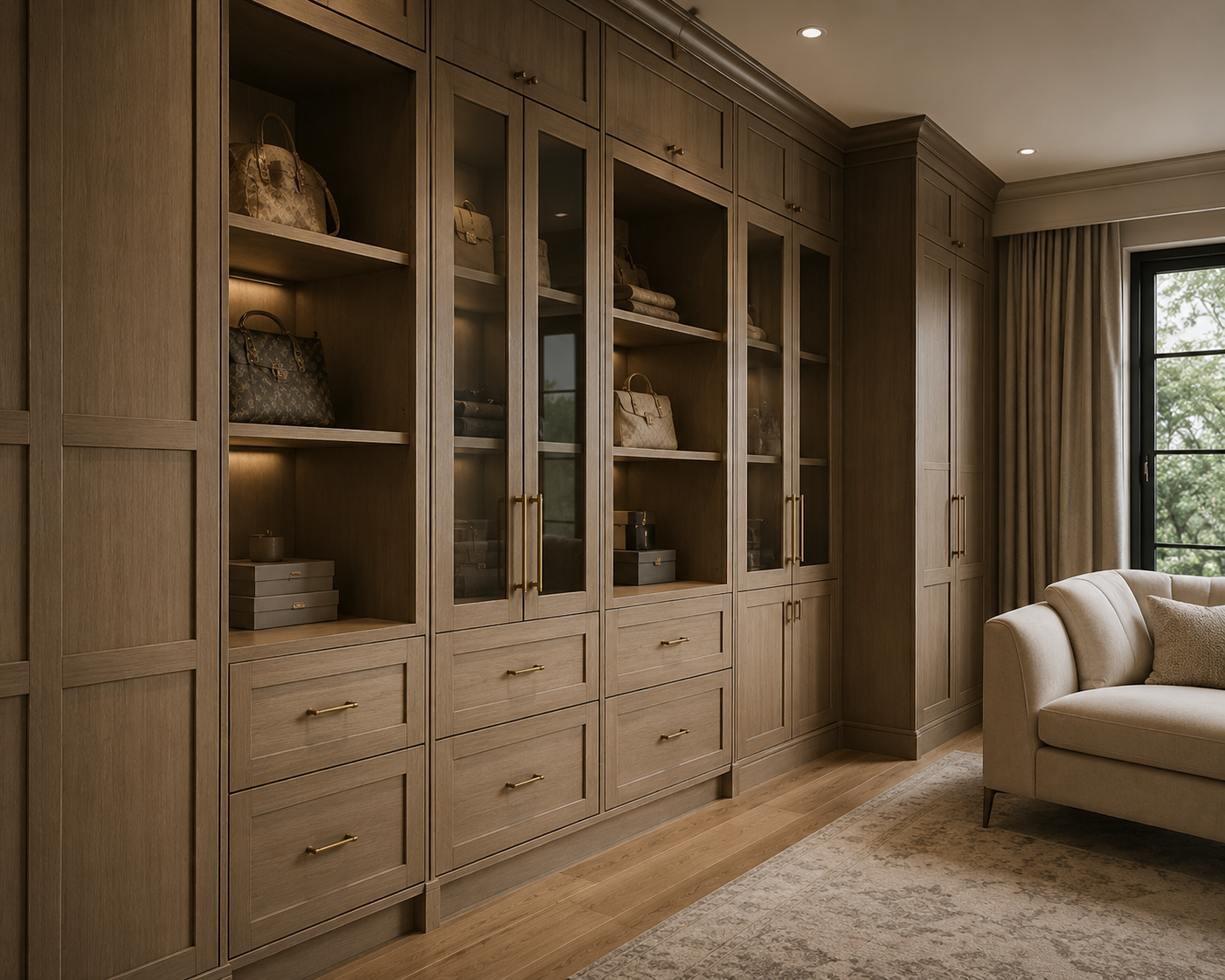 A large built-in wooden cabinet with glass doors displaying handbags and decorative items. The cabinet has brass handles and is next to a window with beige curtains. There is a beige sofa and a patterned rug on the hardwood floor.